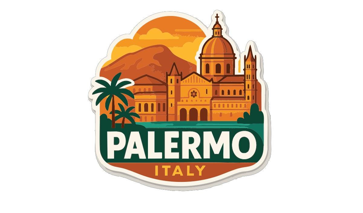 A sticker or emblem featuring the city of Palermo, Italy, with a large dome-shaped building and palm trees in the background.