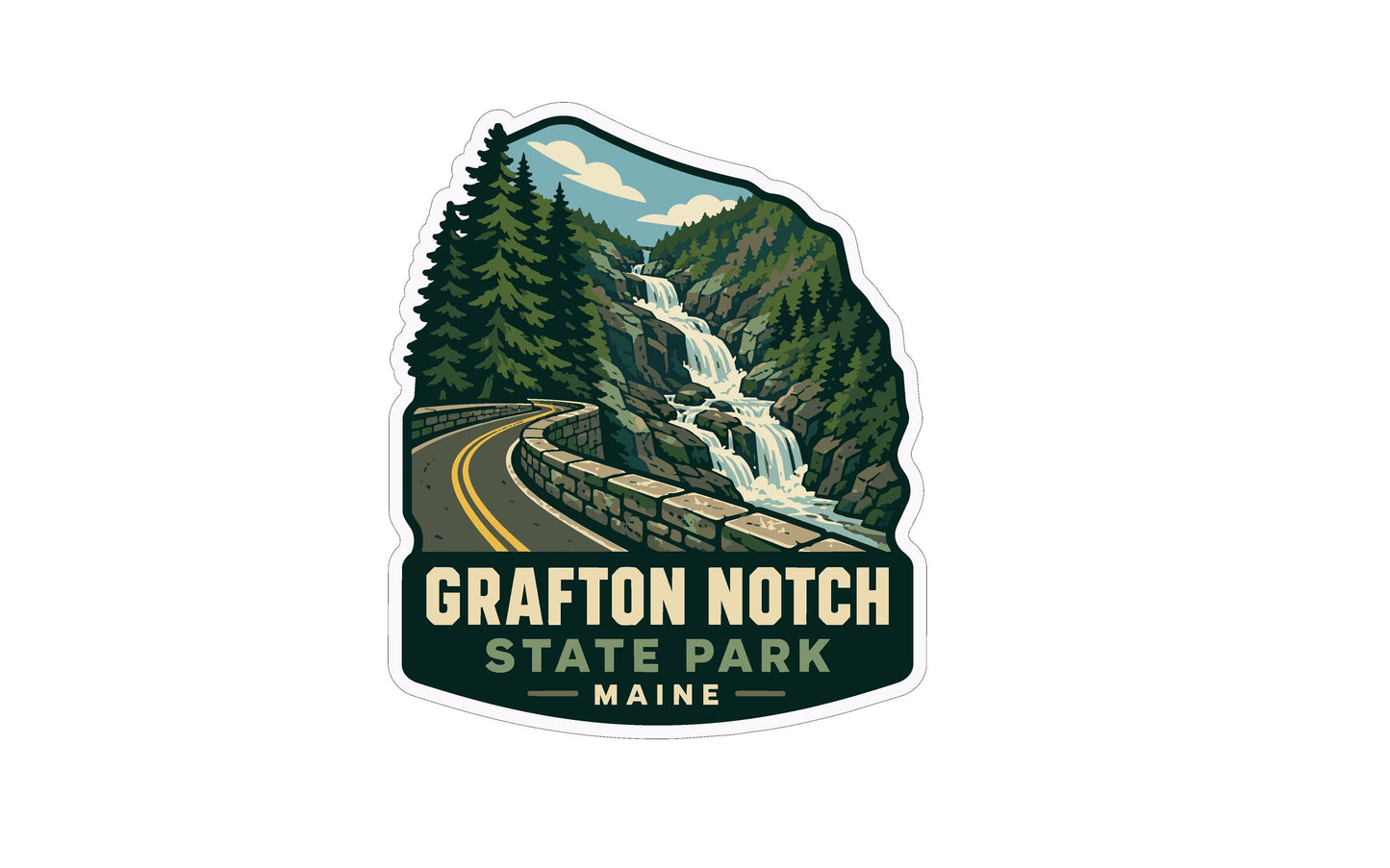 A sticker depicting a scenic mountain landscape with a winding road, waterfall, and pine trees.