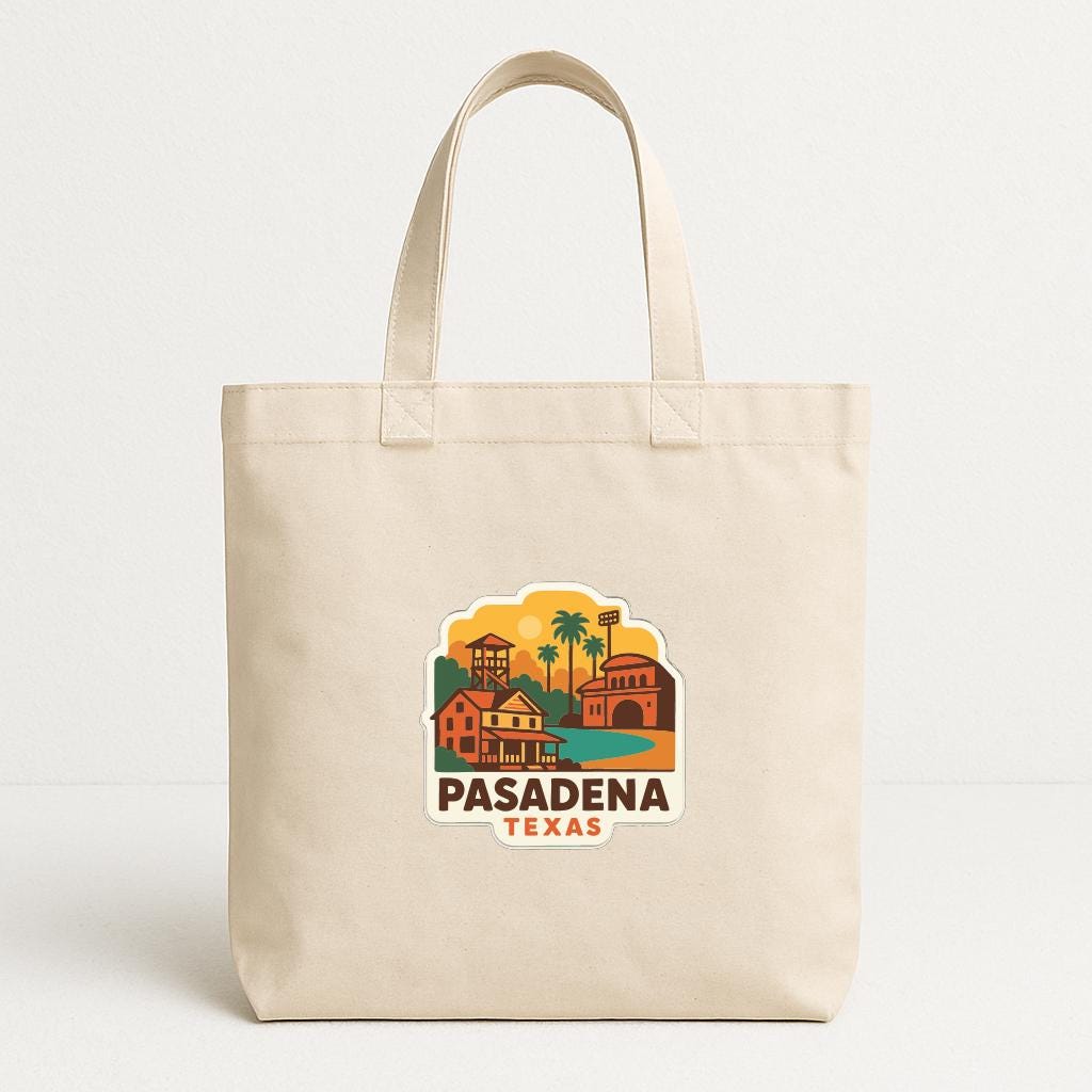 A beige tote bag with a printed design of a town or city, featuring buildings, palm trees, and other elements, along with the text "PASADENA TEXAS".
