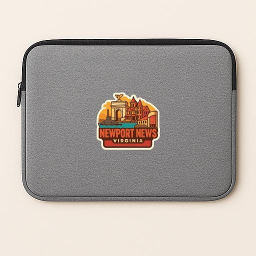 A gray laptop sleeve with a logo for Newport News Virginia.