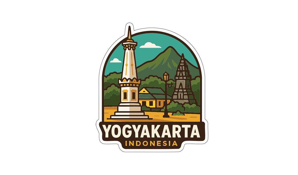 a sticker or emblem with the text "YOGYAKARTA INDONESIA" and an illustration of a temple surrounded by mountains and buildings.