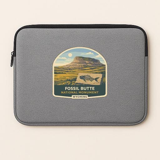 a gray laptop sleeve with a label that reads "Fossil Butte National Monument Wyoming".