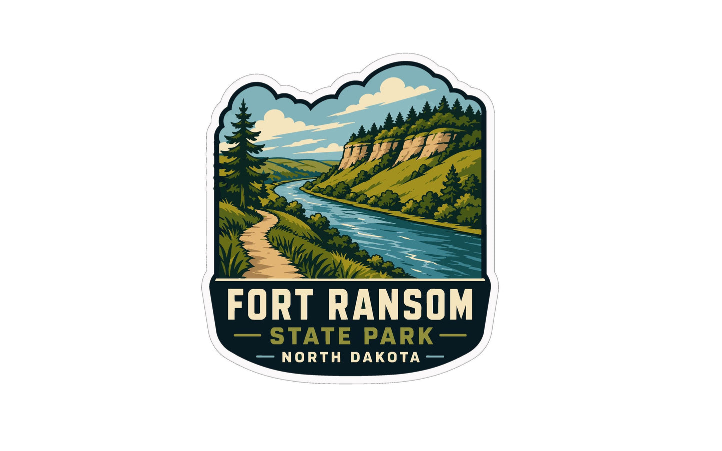 A sticker or emblem featuring a scenic landscape with a winding path, a river, and a forested area, with the text "FORT RANSOM STATE PARK NORTH DAKOTA" prominently displayed.