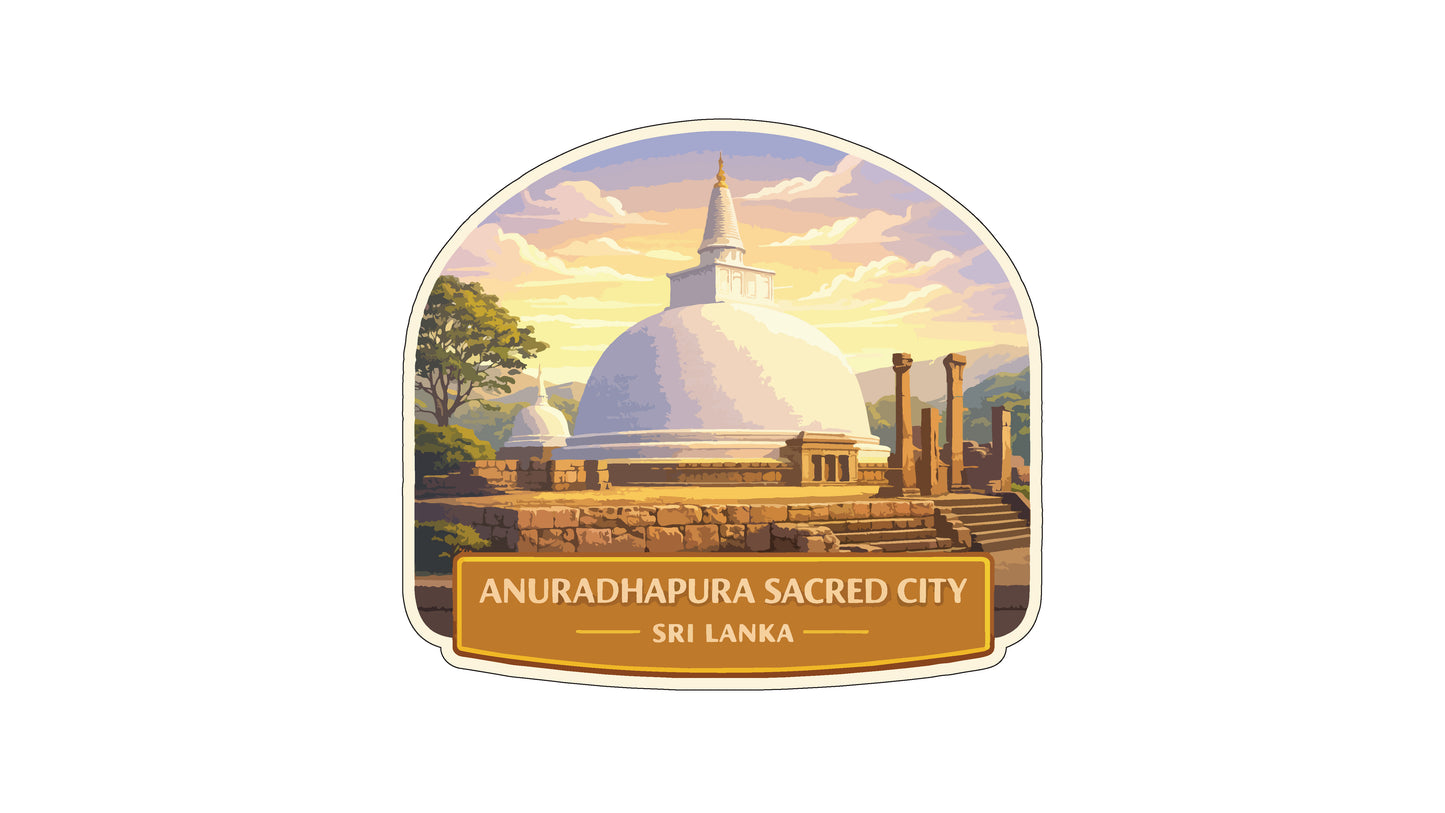the Anuradapura Sacred City in Sri Lanka, featuring a large white dome surrounded by lush greenery and a serene sky.