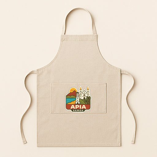 A beige apricot with a graphic design featuring a castle and a mountain landscape.
