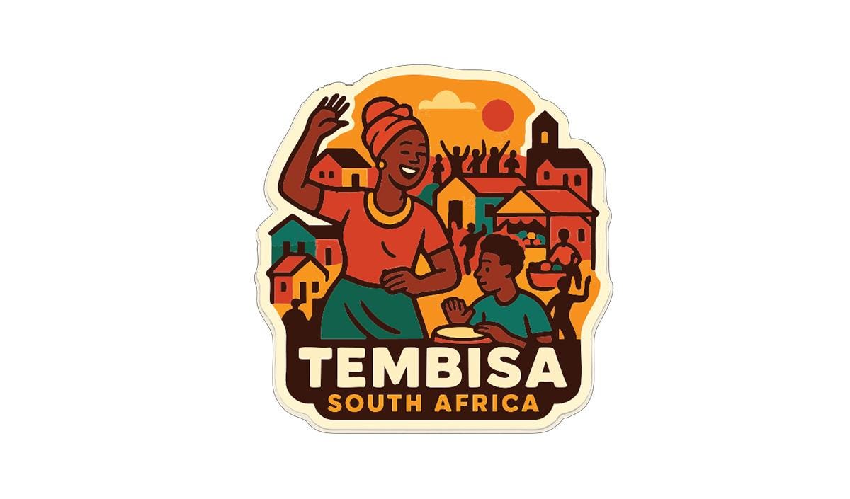 a stylized illustration of a woman and a child in a colorful, vibrant setting, with the text "TEMBISA SOUTH AFRICA" prominently displayed.