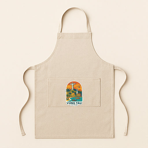 A beige apricot with a graphic of a tropical island and the text "Vung Tau" printed on it.