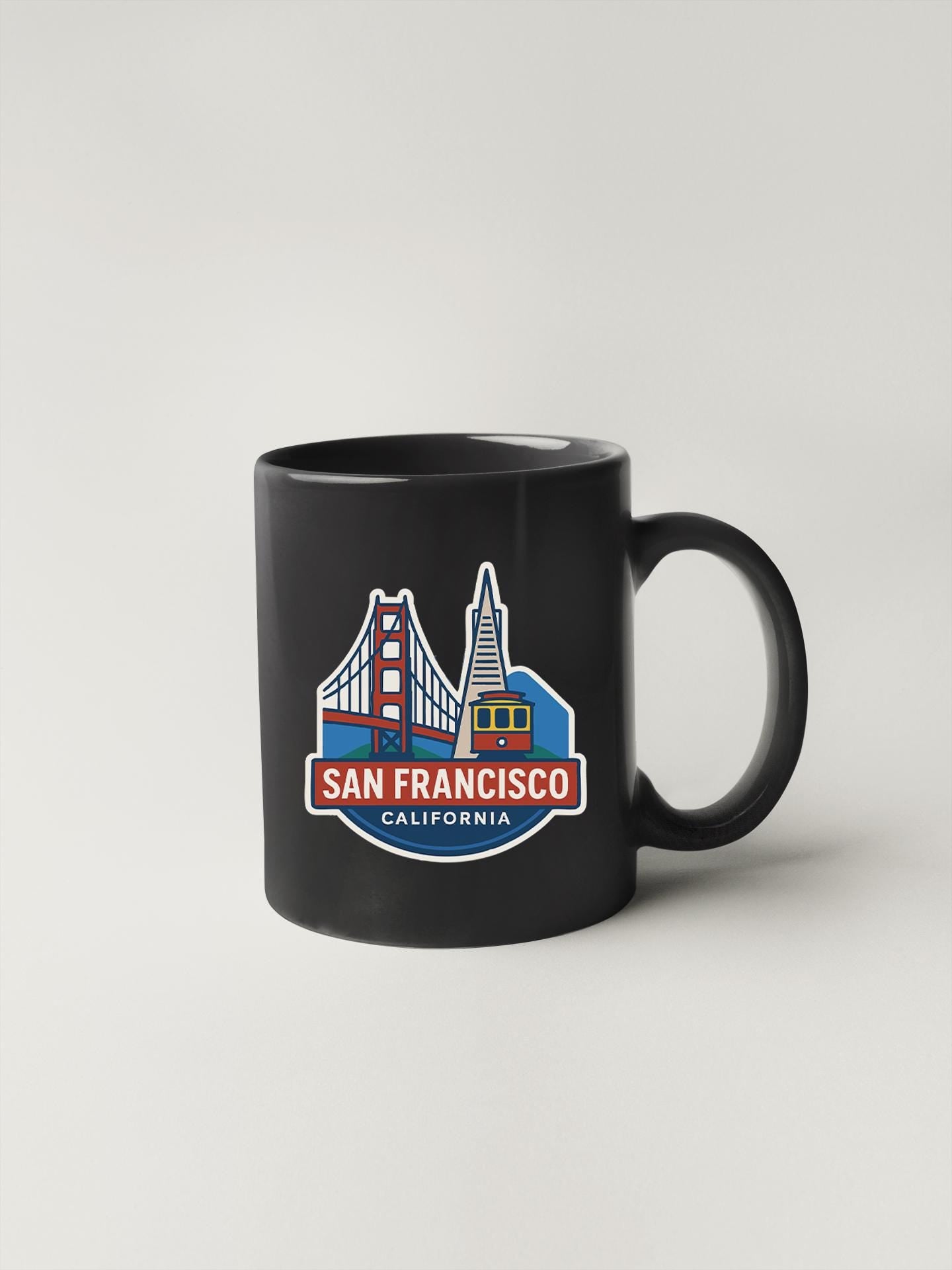 a black coffee mug with san francisco on it
