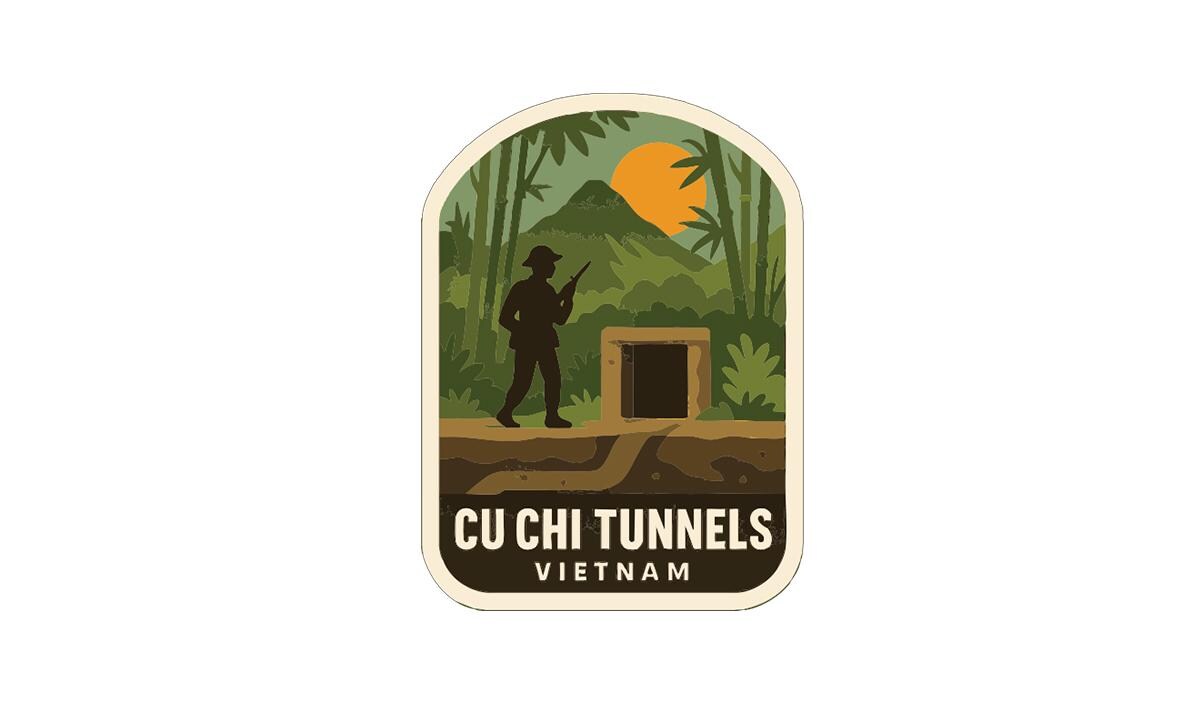a silhouette of a soldier walking through a tunnel, with a tropical landscape in the background, including palm trees and a mountain.