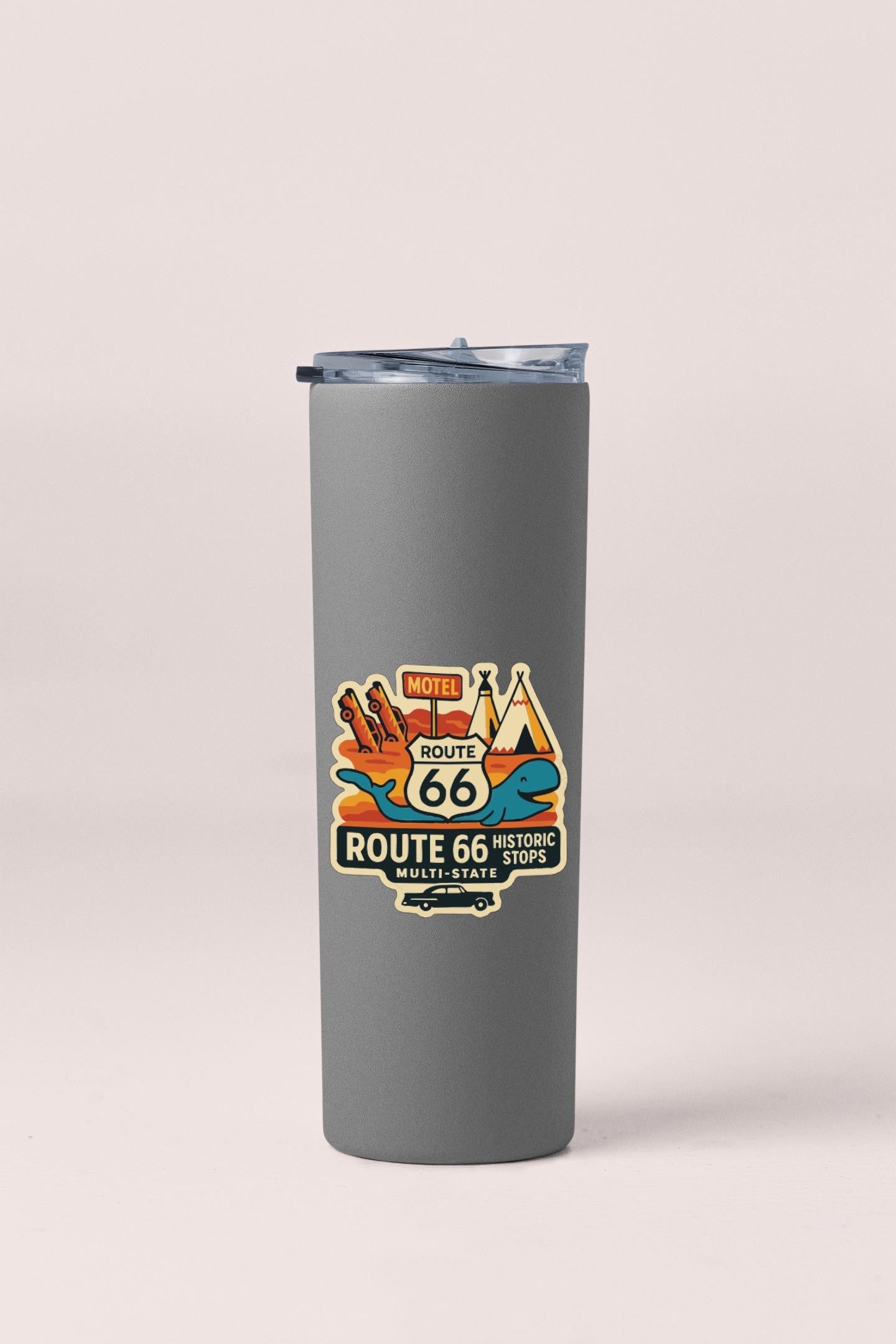 A gray insulated tumbler with a printed logo for Route 66 Historic State Stops.