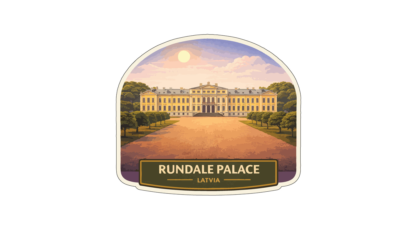 the Rundale Palace in Latvia, featuring a large yellow building surrounded by trees and a paved path leading up to it.