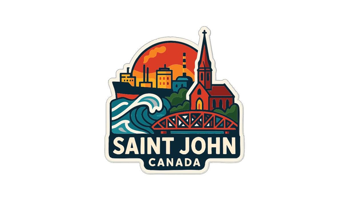 A sticker or emblem featuring the city of Saint John, Canada, with a church, bridge, and sunset in the background.