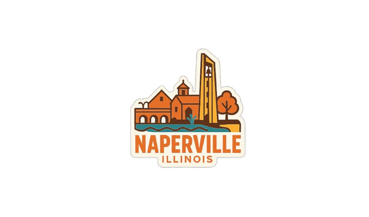 a sticker or logo for Naperville, Illinois, with a stylized illustration of a cityscape and a tall tower.