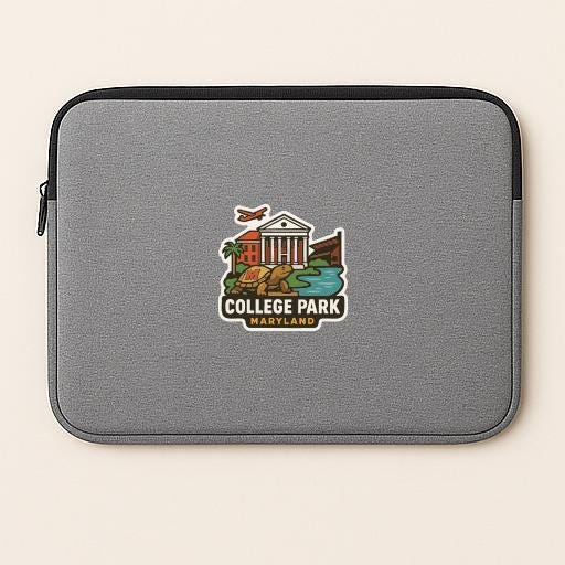 A gray laptop sleeve with a logo of College Park, Maryland, featuring a building, palm trees, and a plane.