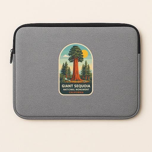 A gray laptop sleeve with a graphic design featuring a large sequoia tree and the text "Giant Sequoia National Monument, California".