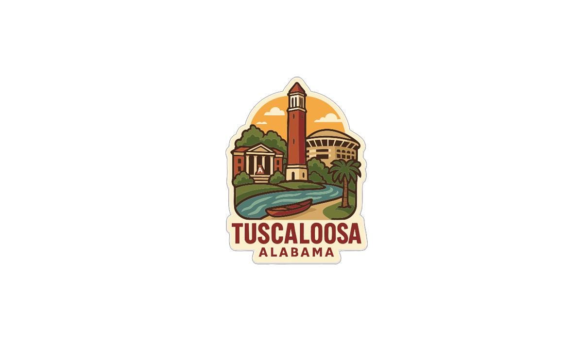 A sticker or emblem featuring the city of Tuscaloosa, Alabama, with various landmarks and elements such as a tower, a building, a river, and palm trees.