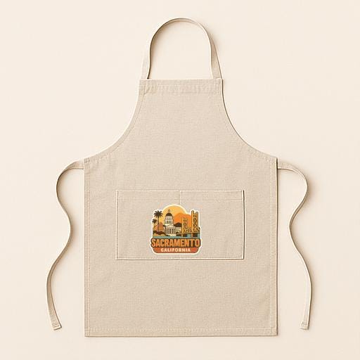 A beige apricot with a graphic of Sacramento, California, printed on it.