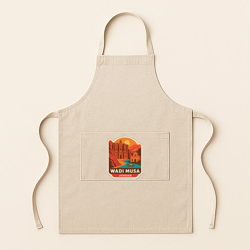 A beige apricot with a graphic design featuring a desert landscape and the text "Wadi Musa" printed on it.