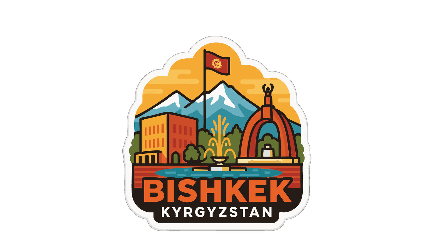 a sticker or logo with a stylized illustration of a cityscape, including a flag, mountains, and a fountain. The text "BISHKÉK Kyrgyzstan" is prominently displayed, indicating the location or country of the depicted city.