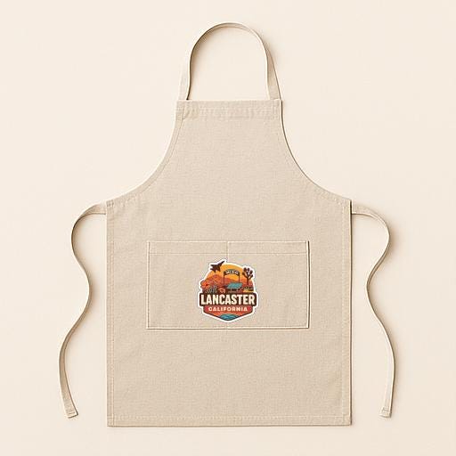 A beige apricot with a graphic of a sunset and the text "LANCASTER CALIFORNIA" printed on it.