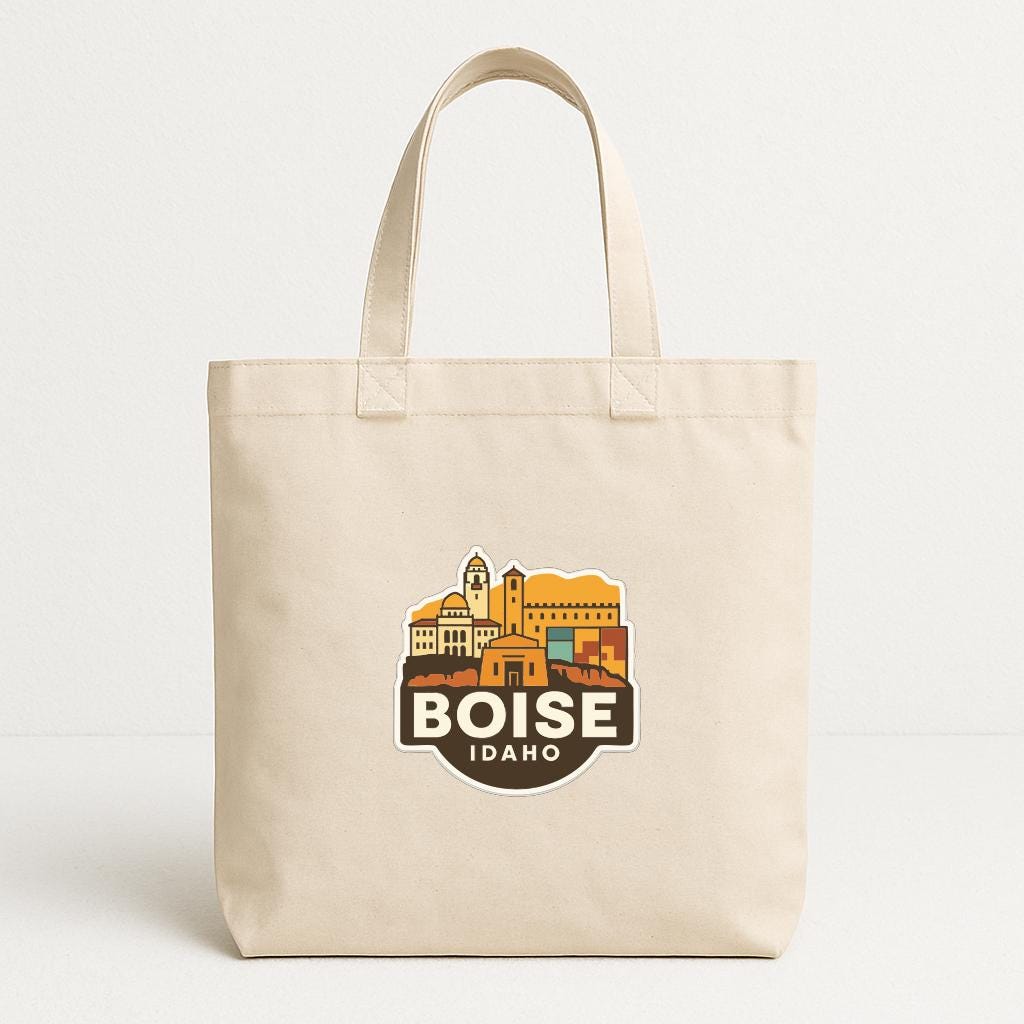 A beige tote bag with a graphic design featuring the city of Boise, Idaho.