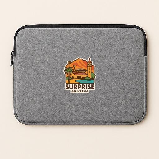 a gray laptop sleeve with a logo for Surprise Arizona.