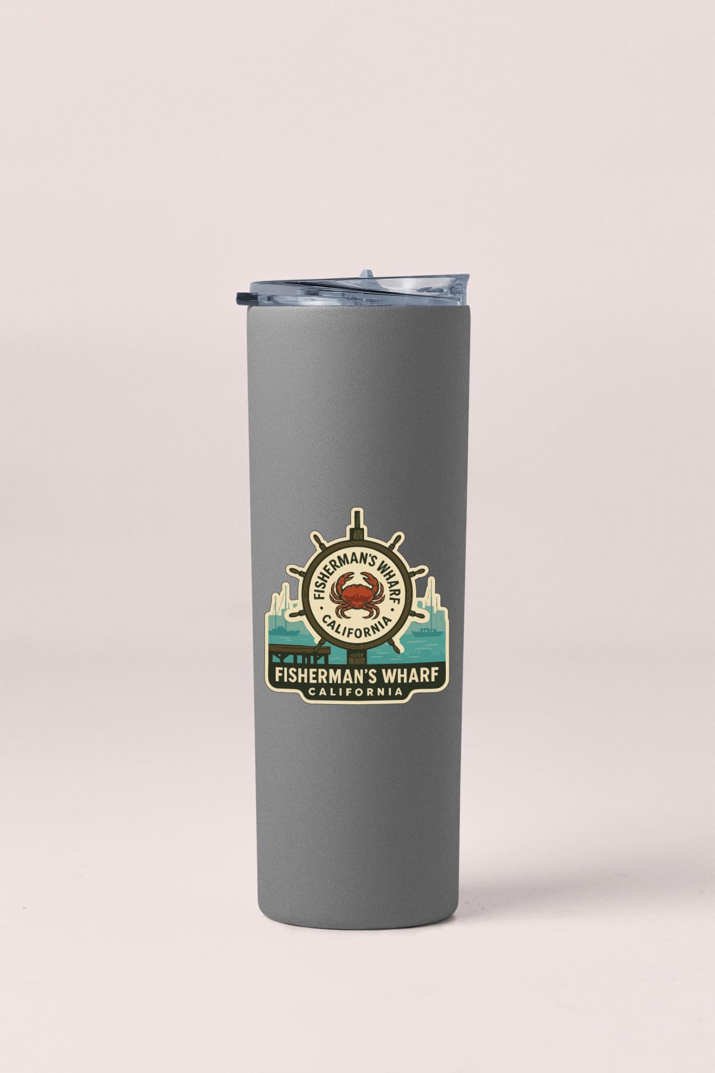 A gray insulated tumbler with a lid and a logo printed on it.
