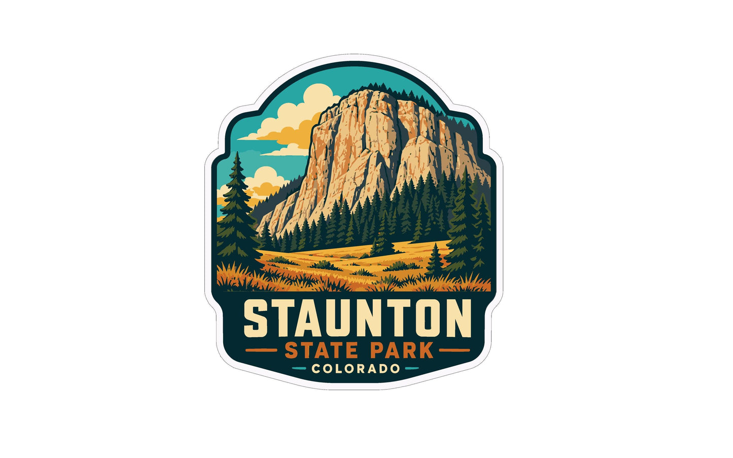 Sticker featuring a mountain landscape with pine trees and a field, with the text "STAUNTON STATE PARK COLORADO" prominently displayed.