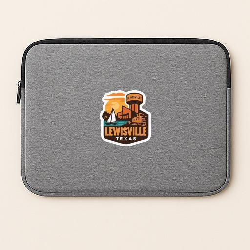 A gray laptop sleeve with a colorful sticker depicting a cityscape and the text "LEWISVILLE TEXAS".