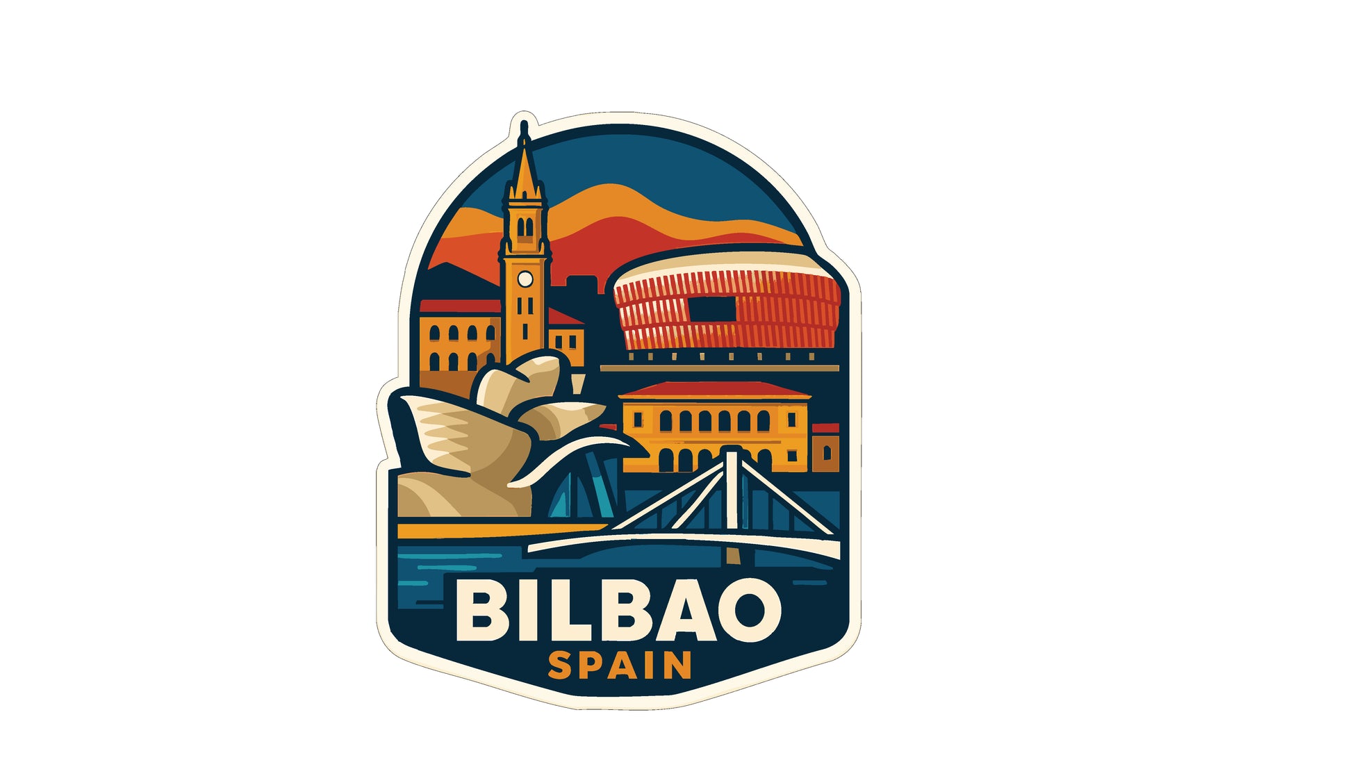 The image is a sticker or emblem featuring the city of Bilbao, Spain. It includes various landmarks and buildings, such as a clock tower, a cathedral, and a stadium, all set against a colorful background. The text "BILBAO SPAIN" is prominently displayed, indicating the location of the image.