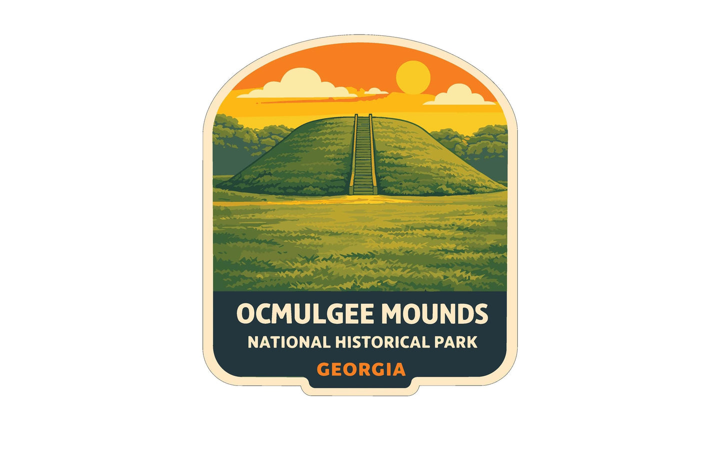 The image is a sticker or label for Ocmulgee Mounds National Historical Park in Georgia, featuring a hill with stairs leading up to it, set against a backdrop of a sunset and a grassy field.
