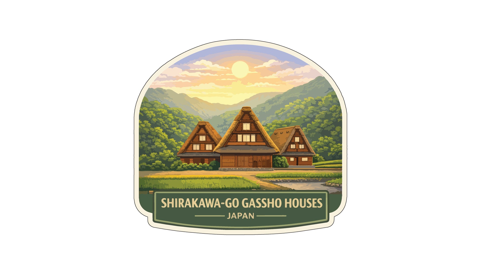 A sticker or label featuring a traditional Japanese house surrounded by a scenic landscape with mountains, trees, and a sunset.
