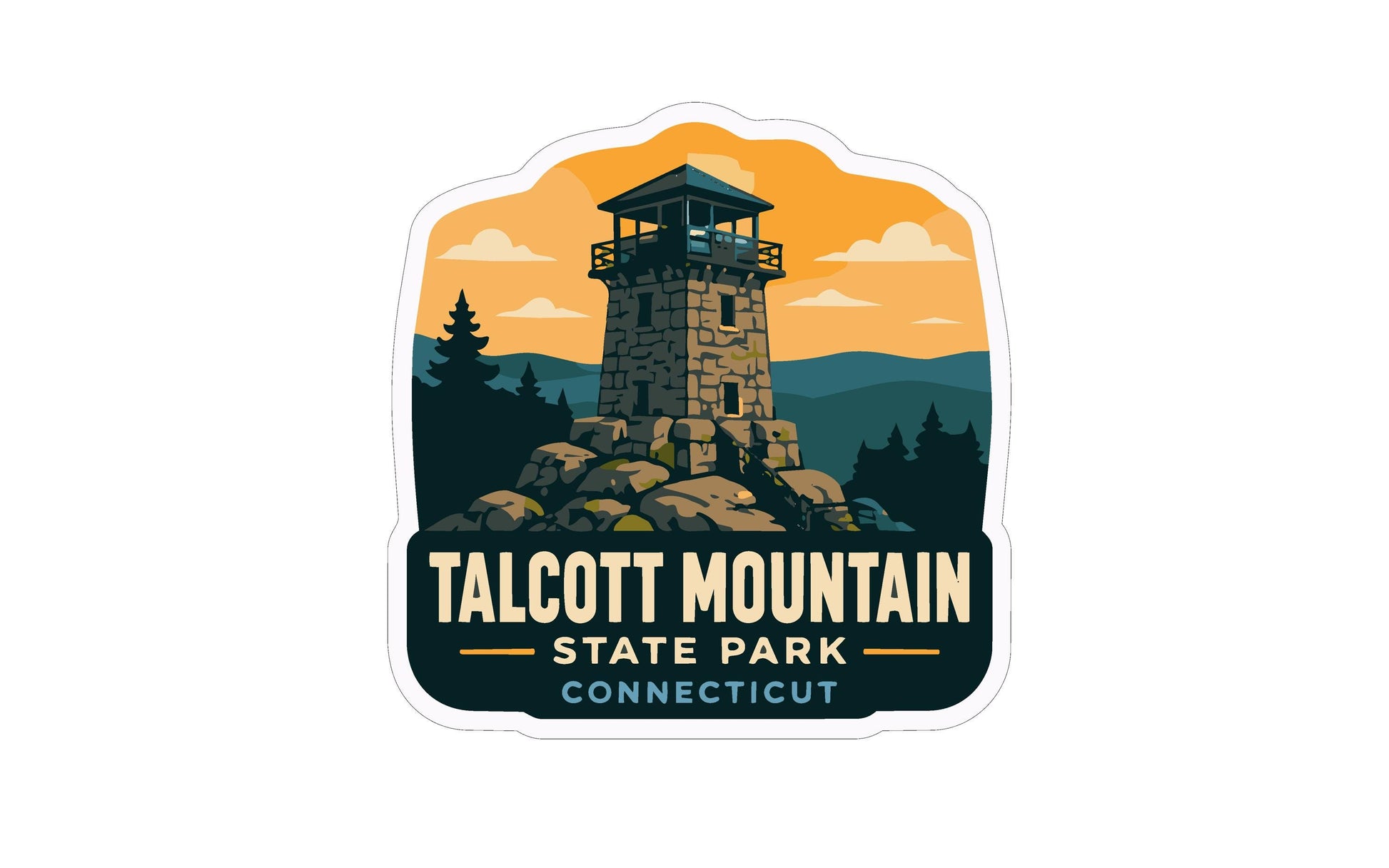 A sticker depicting a stone tower with a balcony, set against a mountainous landscape with trees and a sunset sky.