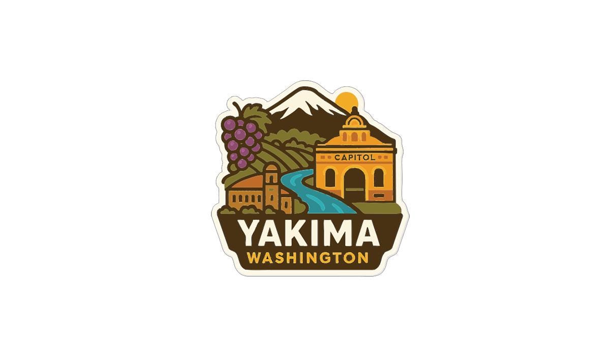 A sticker or logo depicting the capital city of Washington, the state of Washington, with various landmarks and elements associated with the location.