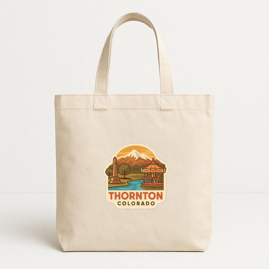 A beige tote bag with a printed design depicting a scenic landscape with mountains, a river, and a gazebo.