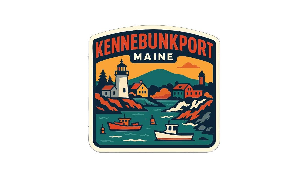 The image is a sticker or label featuring a coastal scene with a lighthouse, boats, and mountains in the background.