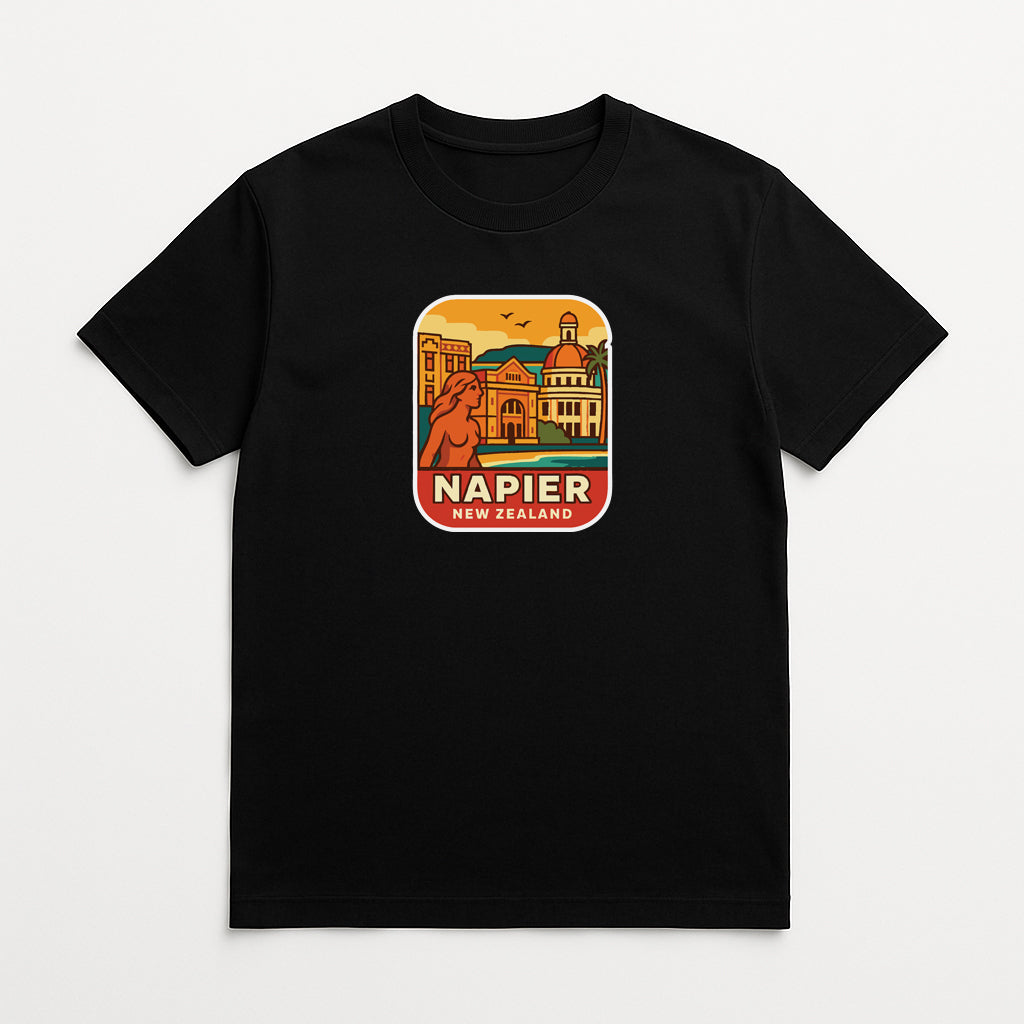 A black t-shirt with a graphic design depicting Napier, New Zealand, featuring a woman and a building.