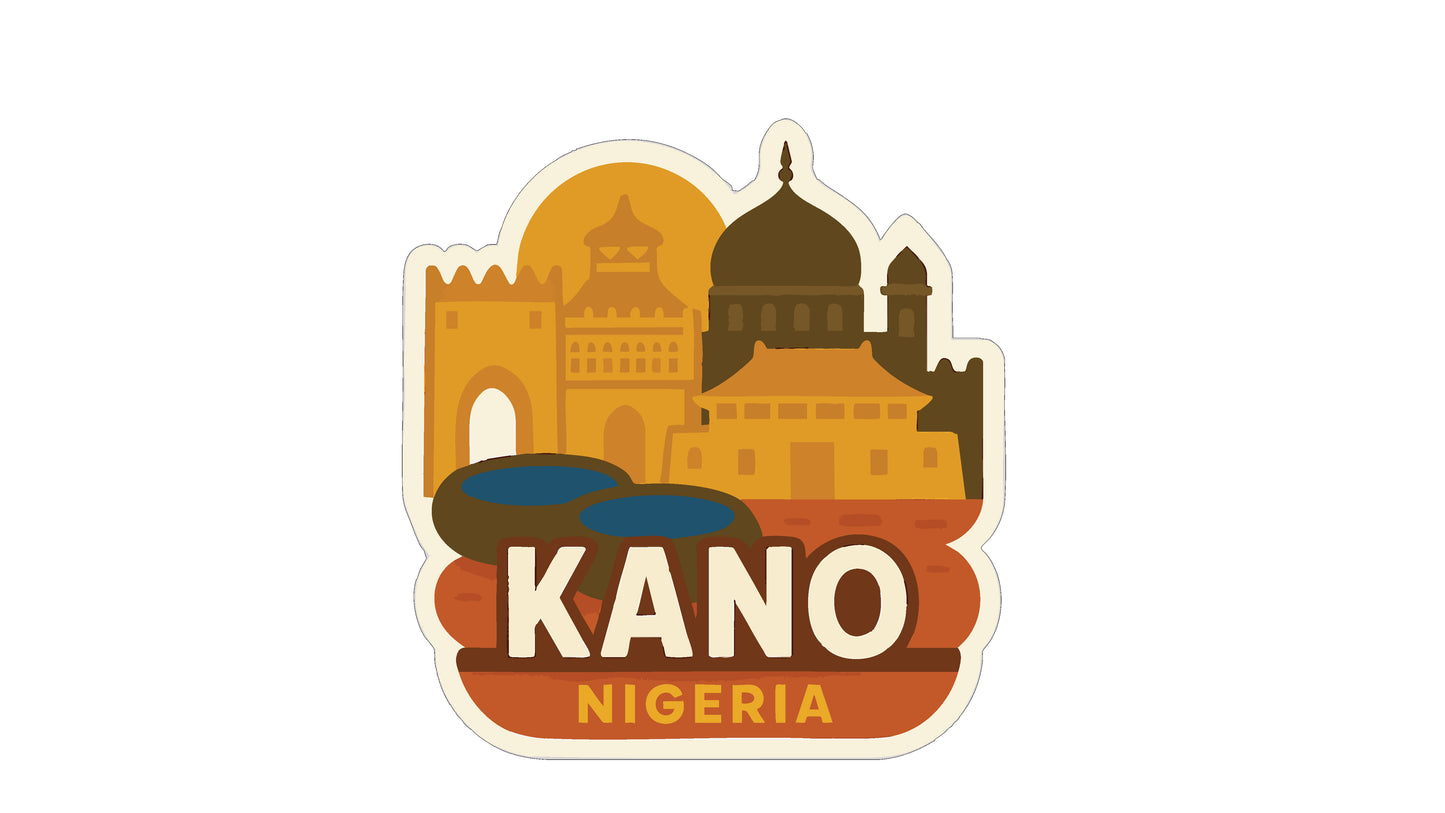 a stylized illustration of the city of Kano, Nigeria, with various architectural elements and landmarks depicted.