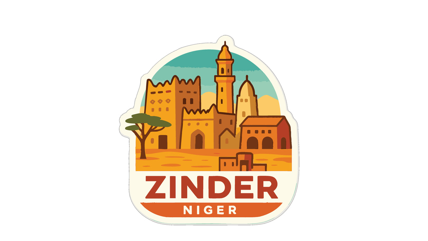 The image is a sticker or label featuring the city of Zindar, Niger.
