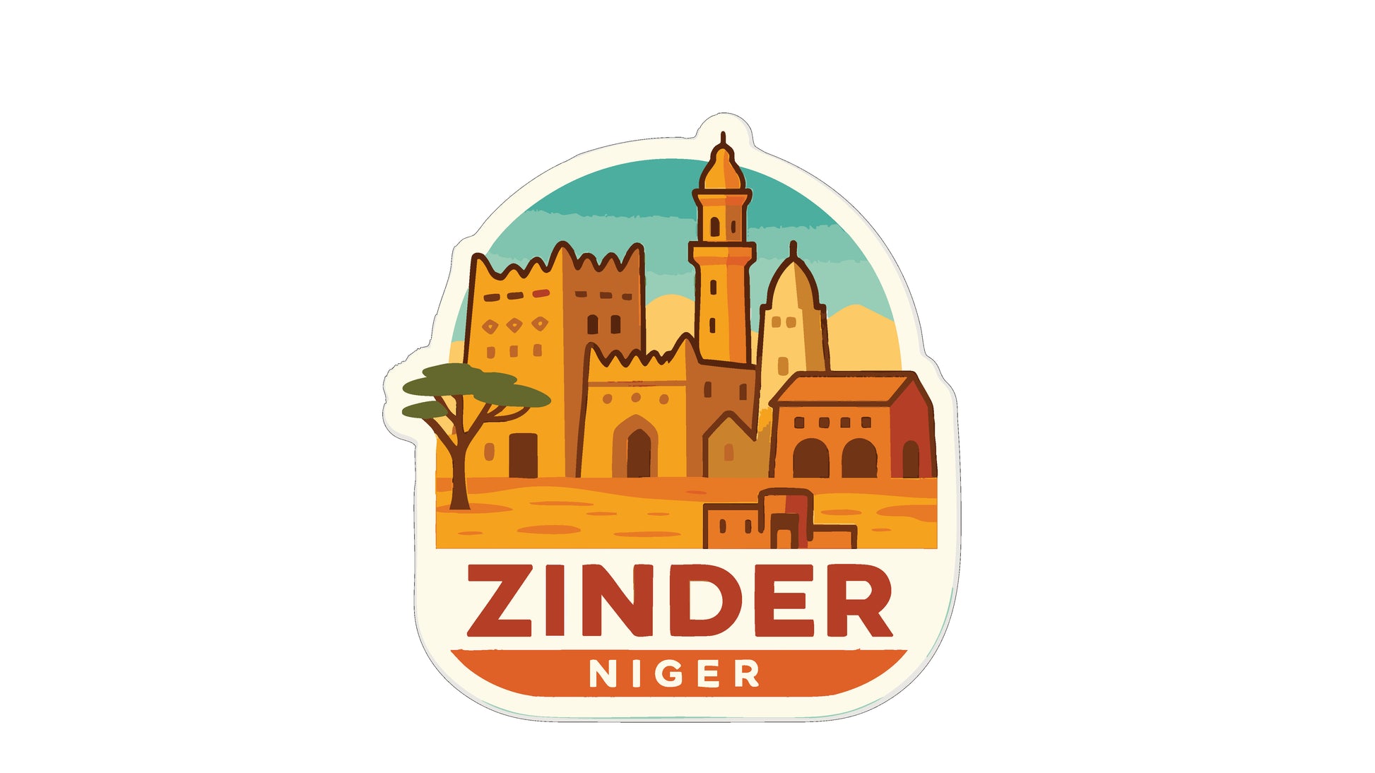 The image is a sticker or label featuring the city of Zindar, Niger.