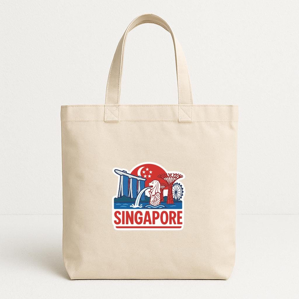 A beige tote bag with a printed design of Singapore landmarks and the word "SINGAPORE" prominently displayed.