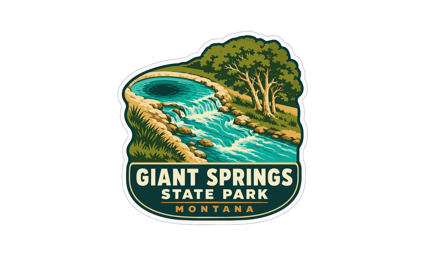 A sticker or emblem featuring a scenic landscape with a river, waterfall, and trees, along with the text "Giant Springs State Park Montana".