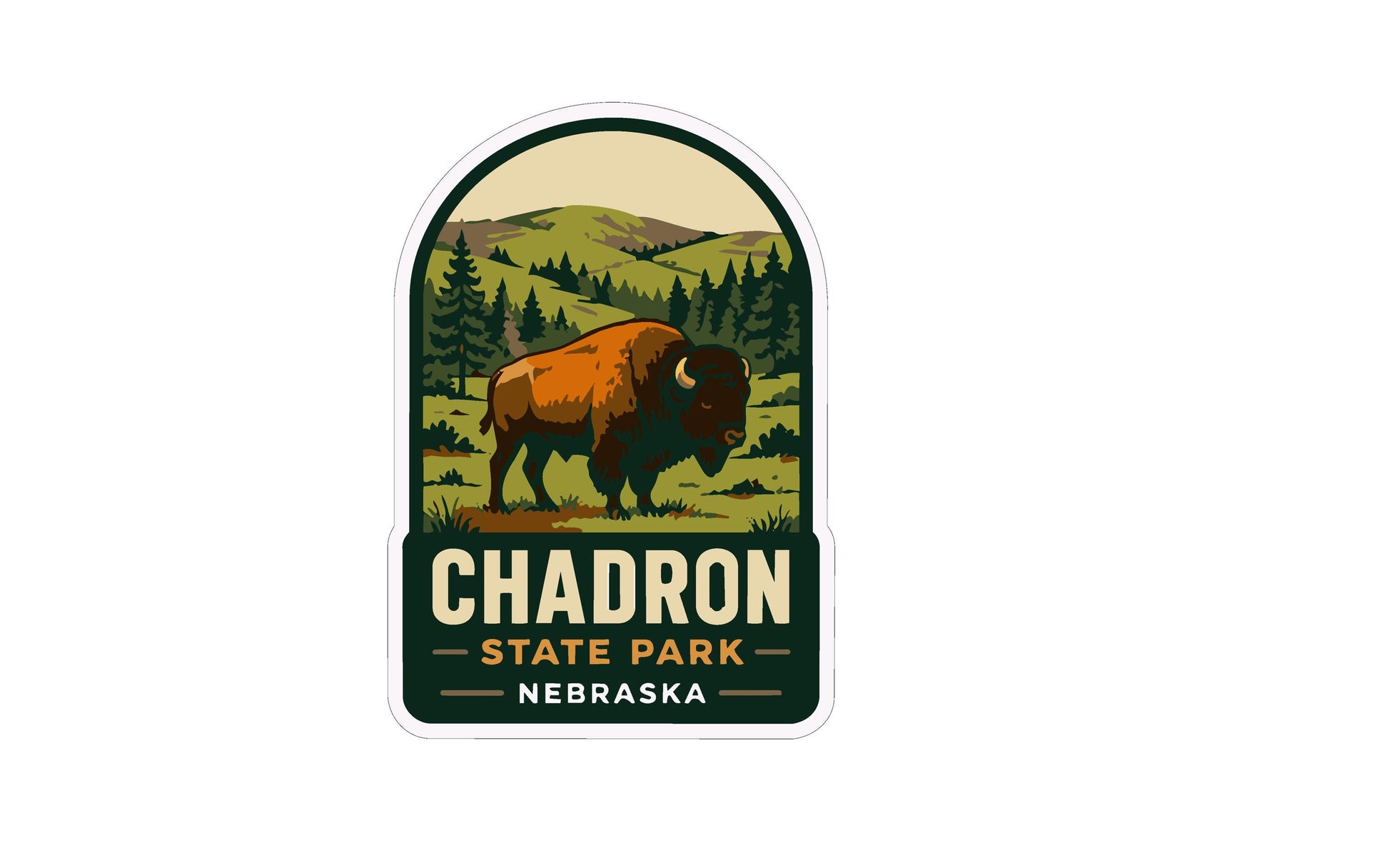 A sticker depicting a buffalo in a grassy field with mountains in the background, representing Chadron State Park in Nebraska.
