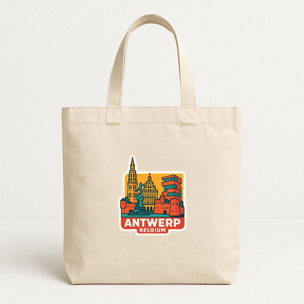 A beige tote bag with a colorful graphic of the city of Antwerp, Belgium, printed on it.