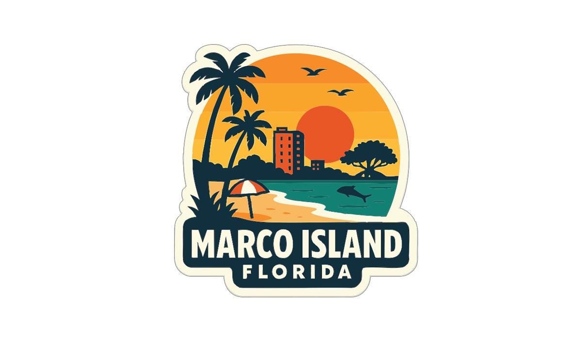 A sticker depicting a tropical beach scene with palm trees, a sunset, and a building, along with the text "MARCO ISLAND FLORIDA".