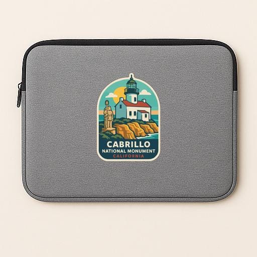 A gray laptop sleeve with a sticker depicting Cabrillo National Monument in California.