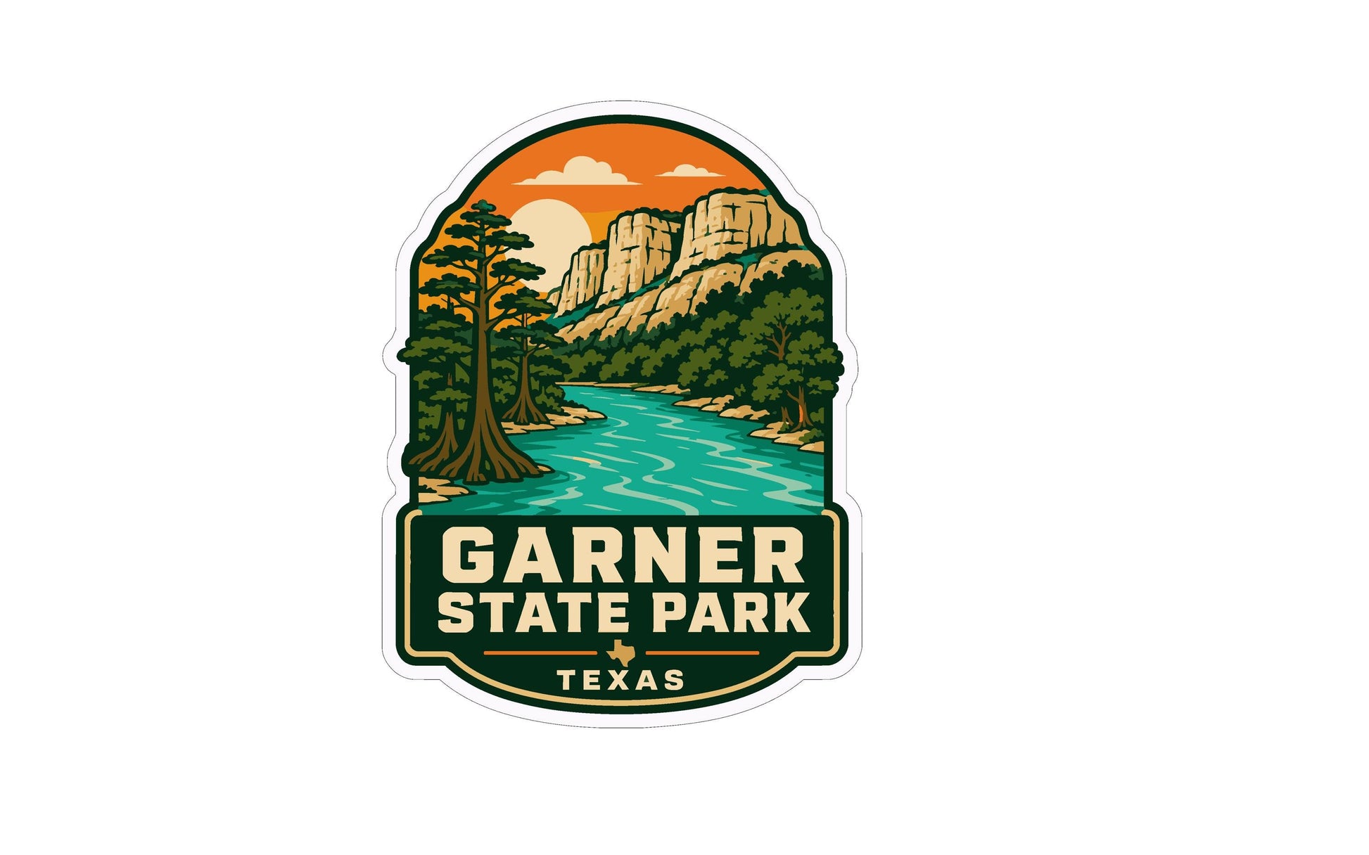 A sticker or emblem featuring a scenic landscape with mountains, trees, and a river, along with the text "GARNER STATE PARK TEXAS" prominently displayed.