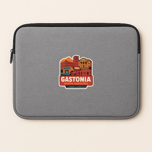 a gray laptop sleeve with a sticker of a cityscape on it.