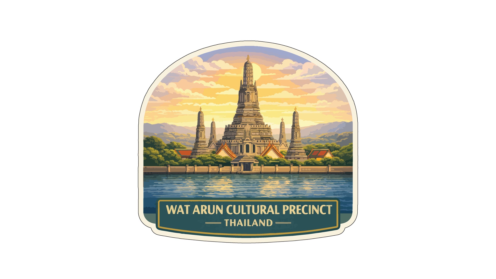 a temple with a tall spire, surrounded by lush greenery and a body of water. The temple is set against a backdrop of a colorful sky with clouds. The image is a collage of multiple images, and the text "WAT ARUN CULTURAL PRECINCT THAILAND" is displayed below the temple.