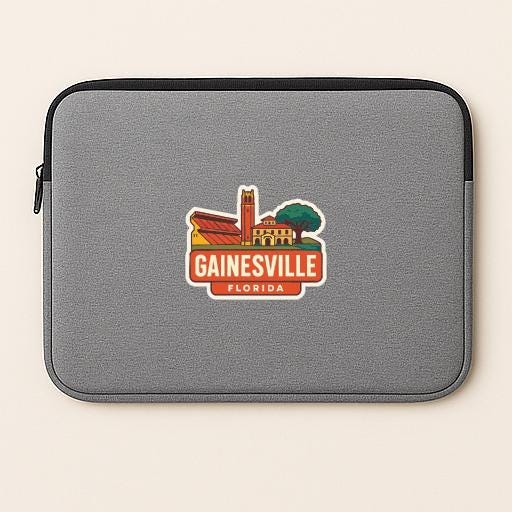 A gray laptop sleeve with a sticker of Gainesville, Florida on it.